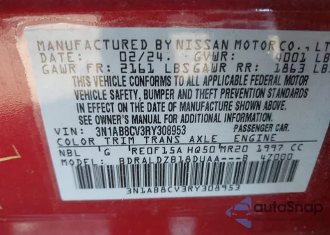 2024 Nissan Sentra Sv Xtronic Cvt из США, поврежденный, VIN 3N1AB8CV3RY308953